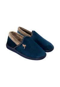 Zapatillas de felpa de color azul marino con forro beige, diseñadas para ponerse fácilmente. Presentan un diseño sencillo y un pequeño detalle bordado en el lateral.