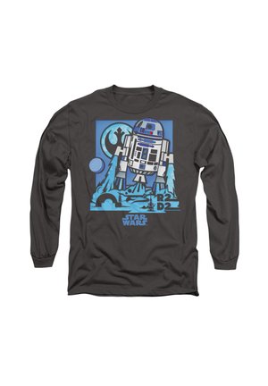 Dark gray long-sleeve shirt featuring a blue R2-D2 graphic with a light blue background, including circular and wave patterns, and "Star Wars" text.