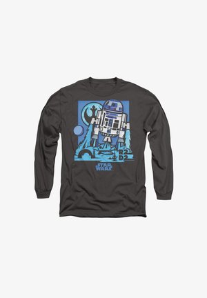 Dunkelgraues langärmliges Shirt mit einem blauen R2-D2-Graphic auf hellblauem Hintergrund, der kreisförmige und wellenförmige Muster enthält, sowie dem Text "Star Wars".