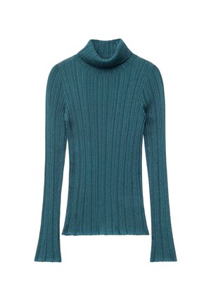 Tealfarbener, gerippter Langarm-Turtleneck-Pullover mit subtiler Brillanz und figurbetontem Schnitt.