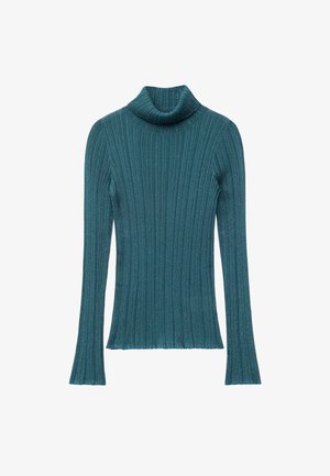 Tealfarbener, gerippter Langarm-Turtleneck-Pullover mit subtiler Brillanz und figurbetontem Schnitt.