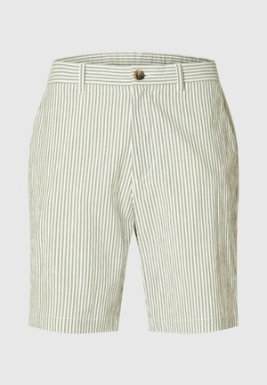 Shorts rayés en vert clair et blanc, avec une fermeture à bouton, des passants de ceinture et des poches latérales. Tissu lisse et léger avec une coupe décontractée.