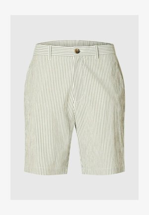 Pruhované kraťasy ve světle zelené a bílé barvě, s knoflíkovým zapínáním, poutky na pásek a bočními kapsami. Hladká, lehká látka s volnějším střihem.