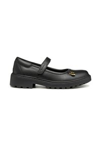 Chaussures Mary Jane en cuir noir avec un bout rond, une sangle réglable et une semelle en caoutchouc texturée, présentant un accent décoratif en or.