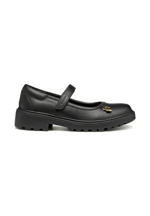 Schwarze Leder-Mary-Jane-Schuhe mit runder Zehenpartie, verstellbarem Riemen und strukturiertem Gummisole, mit einem goldenen dekorativen Akzent.