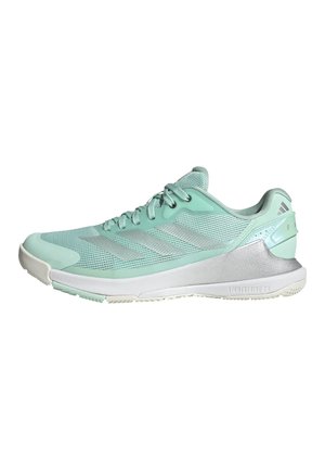 Chaussure de running Adidas vert clair avec tige en mesh, fermeture par lacets, accents argentés et semelle blanche amortie avec marquage "Lightstrike 2.0".