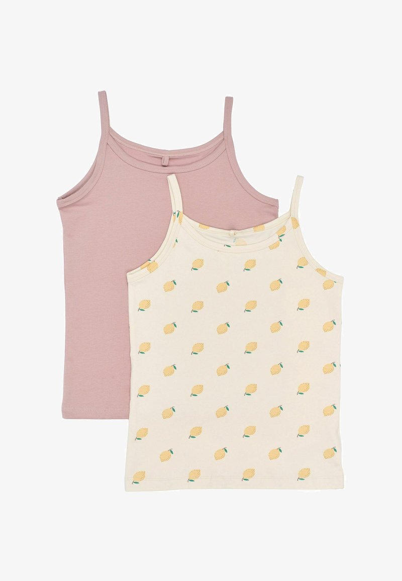 Dva bezrukava dječja topa, jedan u jednobojnoj prašnjastoj ružičastoj boji, a drugi kremasti sa žutim uzorkom limuna. Oboje imaju tanke naramenice.