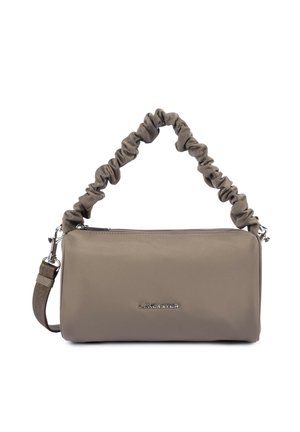 Petit sac à main rectangulaire taupe avec poignée supérieure froncée, fermeture éclair, bandoulière amovible et logo argenté "Lancaster" sur le devant.