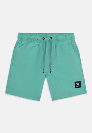 Calções de banho verde claro com cintura elástica, cordões pretos e um patch de logo preto na parte inferior da perna direita. Textura de tecido suave.