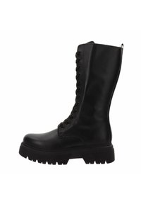 Zwarte leren kniehoge laars met stevige veters en dikke rubberen zool. Kenmerkt zich door een gladde textuur en een trekband aan de bovenkant voor gemakkelijke aan- en uittrekken.