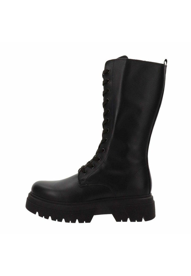 Zwarte leren kniehoge laars met stevige veters en dikke rubberen zool. Kenmerkt zich door een gladde textuur en een trekband aan de bovenkant voor gemakkelijke aan- en uittrekken.