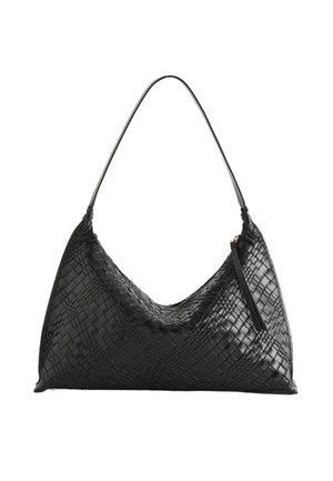 Black woven leather handbag with a hobo shape, curved handle, and a zip closure, featuring a textured surface and subtle accents.
