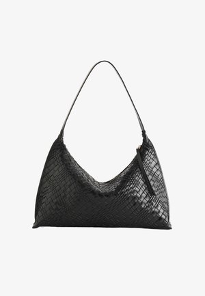 Black woven leather handbag with a hobo shape, curved handle, and a zip closure, featuring a textured surface and subtle accents.