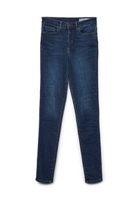 Jeans skinny fit em denim azul escuro. Apresentam um design de cinco bolsos, fecho de zip e passadores para cinto. Textura suave com uma variação de cor subtil.
