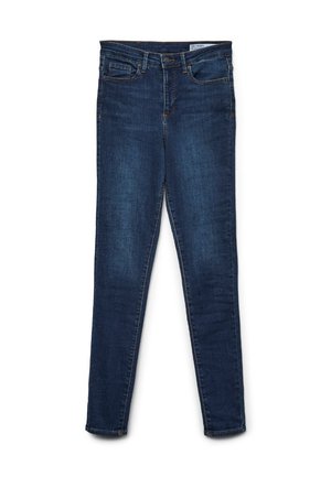 Jeans skinny fit in denim blu scuro. Presentano un design a cinque tasche, chiusura con zip e passanti per cintura. Texture liscia con una leggera variazione di colore.
