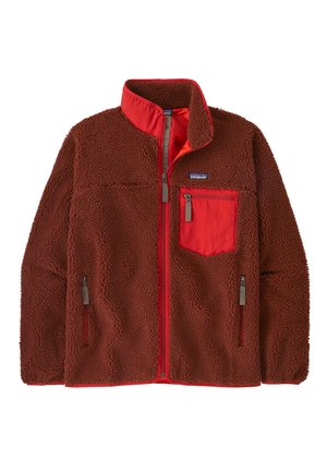 Giacca in fleece marrone con colletto rosso, tasca sul petto e tasche laterali, dotata di una zip frontale e logo Patagonia sul petto.