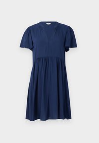 Vestito blu navy con maniche a sbuffo corte, scollo a V e vita arricciata. Realizzato in tessuto morbido e leggero con un design fluente.