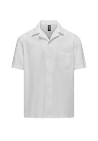 Camicia bianca a maniche corte in cotone, con colletto classico, chiusura frontale con bottoni e taschino sul lato sinistro.