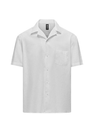 Camicia bianca a maniche corte in cotone, con colletto classico, chiusura frontale con bottoni e taschino sul lato sinistro.