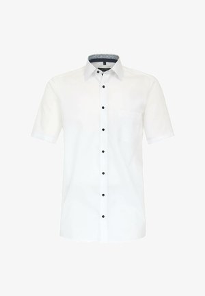 Kurzärmliges weißes Hemd aus Baumwolle. Verfügt über schwarze Knöpfe, eine einzelne Brusttasche und ein gemustertes Kragenfutter.