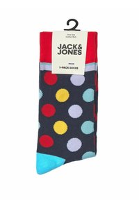 Calzini di cotone blu navy con polsini rossi, decorati con pois multicolori in rosso, giallo, azzurro e grigio; punta azzurra uniforme.