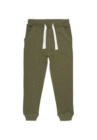 Olivgrüne Sweatpants aus weichem Material, ausgestattet mit einem gerippten Bund und weißen Zugbändern, Seitentaschen und schmalen Bündchen.