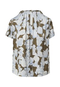 Blouse à manches courtes en olive avec un imprimé floral blanc. Présente un design à dos plissé et une texture de tissu douce.