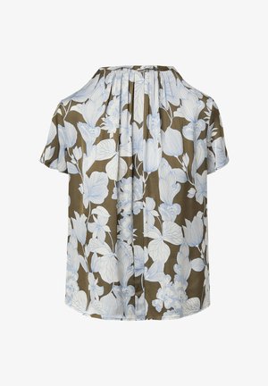 Kurzärmlige Bluse in Olivgrün mit weißem Blumenmuster. Verfügt über ein gefälteltes Rückendesign und eine weiche Stofftextur.