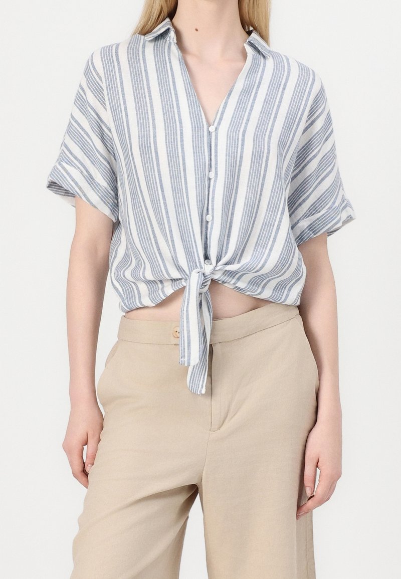 Chemise à manches courtes rayée verticale bleu et blanc, boutonnée et nouée à la taille, associée à un pantalon beige taille haute.
