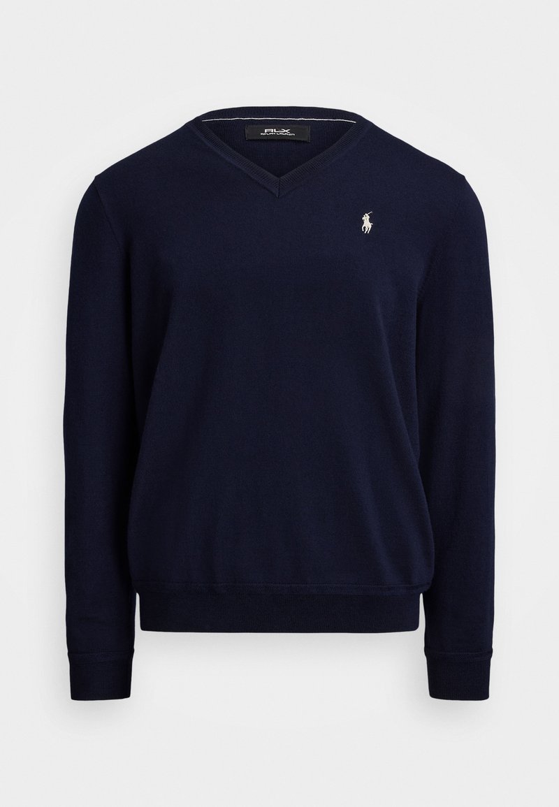 Pull à col V bleu marine à manches longues avec un petit logo de joueur de polo brodé en blanc sur la poitrine gauche.