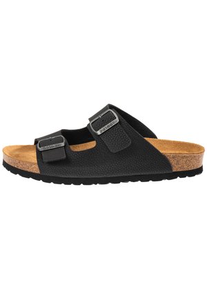 Black sandals with two adjustable straps, made from textured material, featuring a cork insole and a rubber outsole for traction.