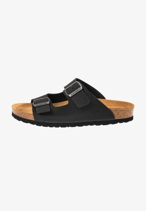 Schwarze Sandalen mit zwei verstellbaren Riemen, aus strukturiertem Material, mit einer Korkeinlage und einer Gummisohle für guten Halt.