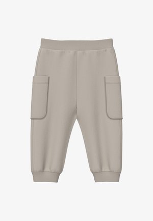 Hellbeige kurze Hosen mit elastischem Bund, zwei großen Seitentaschen und gerippten Bündchen an den Knöcheln.