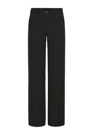 Svarta vida byxor i denim med en mjuk textur. Har framfickor, knappstängning och bälteshällor.