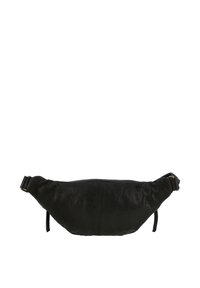 Crna kožna torbica za struk s podesivim remenom i minimalnim šavovima, dizajnirana za nošenje oko struka ili preko tijela.
