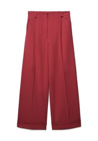 Pantaloni palazzo di un profondo colore rosso, realizzati in tessuto liscio. Presentano due tasche laterali e una vita sartoriale con pinces.