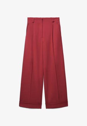 Weite Hose in einem tiefen Rotton, aus glattem Stoff gefertigt. Verfügt über zwei Seitentaschen und einen taillierten Bund mit Falten.