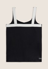 Sort ærmeløs top med brede hvide stropper og et enkelt design. Lavet af et glat stof og med et logodetalje ved kanten.