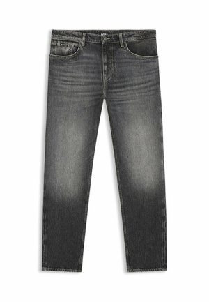 Zwarte spijkerbroek met een vervaagde afwerking, rechte pijpen, vijf zakken en een knoopsluiting. Voorzien van subtiele branding bij de taille.