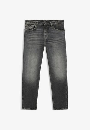 Black denim jeans with a faded finish, straight-leg cut, five-pocket design, and a button closure. Features subtle branding at the waist.