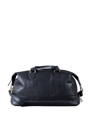 Black leather duffel bag with a textured surface, dual top handles, adjustable shoulder strap, and gold metal hardware accents.
