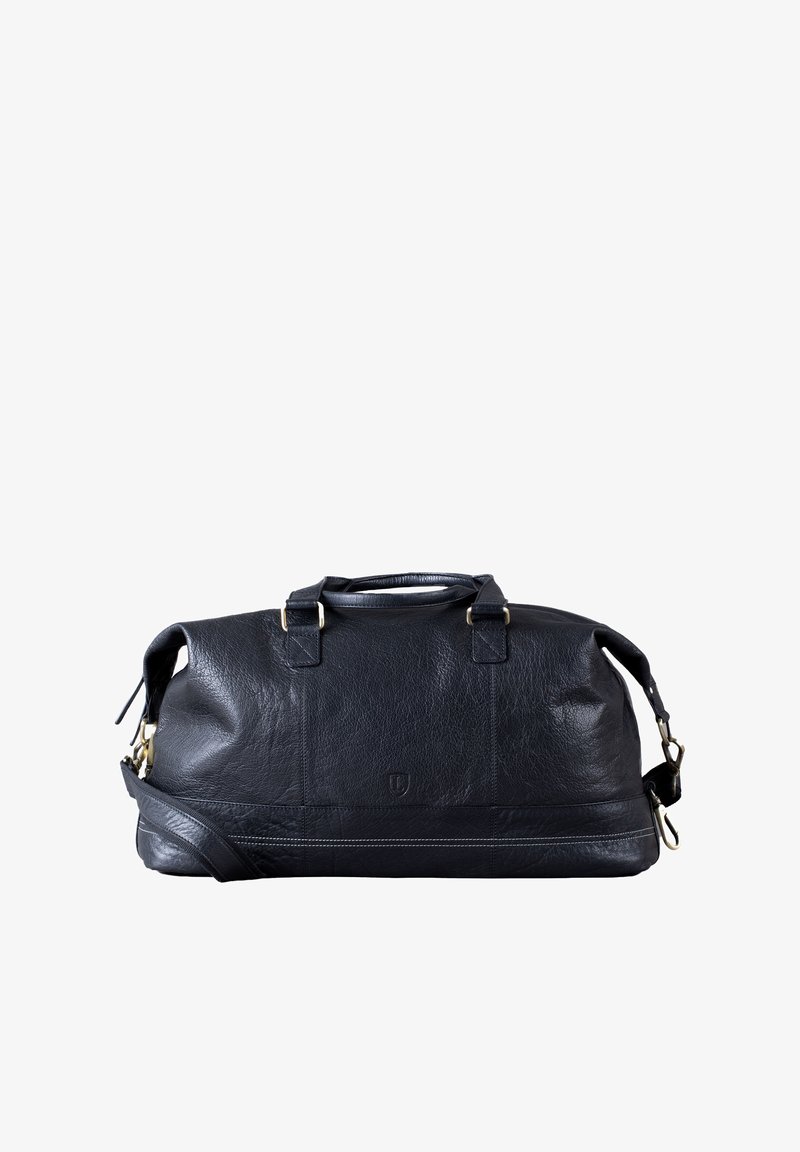 Schwarze Leder-Reisetasche mit strukturiertem Oberflächenfinish, doppelten oberen Griffen, verstellbarem Schultergurt und goldenen Metallbeschlägen.