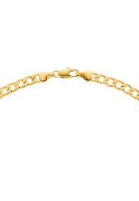 Goudkleurige kettingarmband met in elkaar grijpende schakel, voorzien van een hartvormige sluiting voor een veilige bevestiging. Gladde, gepolijste afwerking.