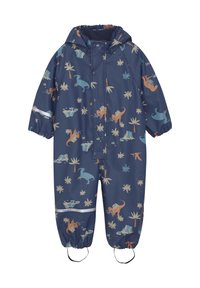 Navy waterdichte overall met dinosaurussen en palmbomenspatroon, elastische manchetten, verstelbare capuchon en reflecterende accenten voor zichtbaarheid.