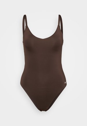 Brown one-piece swimsuit with thin straps, a v-neckline, smooth texture, and subtle Nike logo on the lower right side.