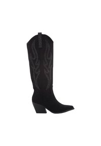 Bottes western en daim noir avec un bout pointu et un talon épais. Présentent une finition décorative en broderie argentée en forme de flamme le long de la tige.