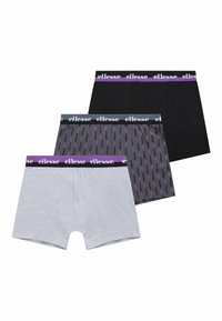 Tres pares de boxers para hombre: gris, negro y gris estampado con pequeños logos. Cada uno cuenta con una cinturilla elástica en colores contrastantes.