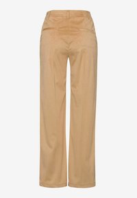 Beige corduroy wide-leg trousers with a vertical rib texture, featuring a high waist and two back pockets. Smooth fabric finish.