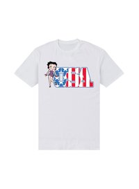 Camiseta blanca con la inscripción "USA" en rojo y azul con estrellas, que presenta un personaje de dibujos animados con un traje de lunares rojos y azules.