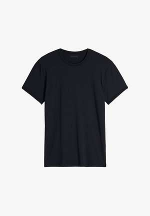 Zwarte korte mouwen t-shirt van gladde katoen met een ronde halslijn, met een eenvoudig ontwerp en zonder zichtbare patronen of accenten.